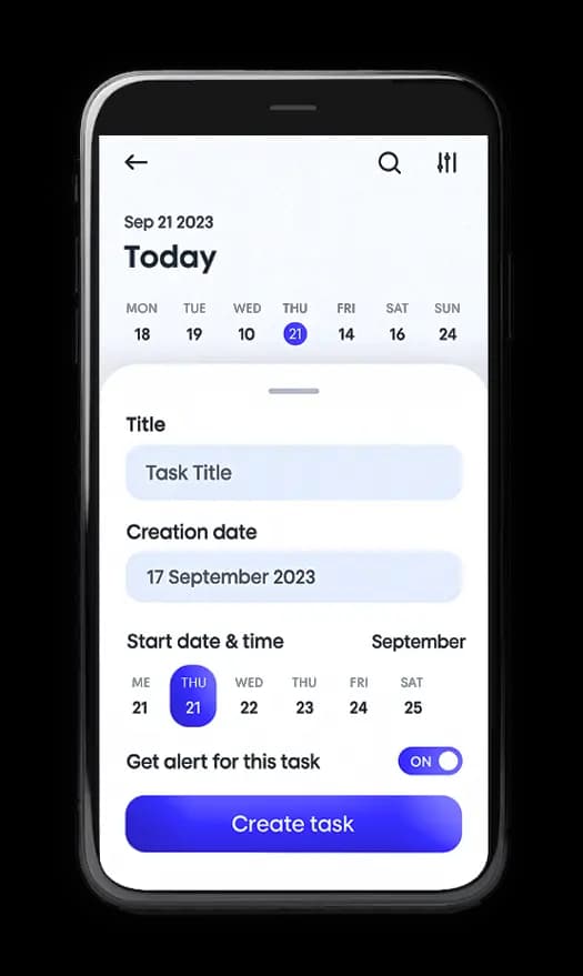 Mobile App für Unternehmen – Aufgabenverwaltung, Kalender und Nutzerfunktionen auf dem Smartphone-Bildschirm