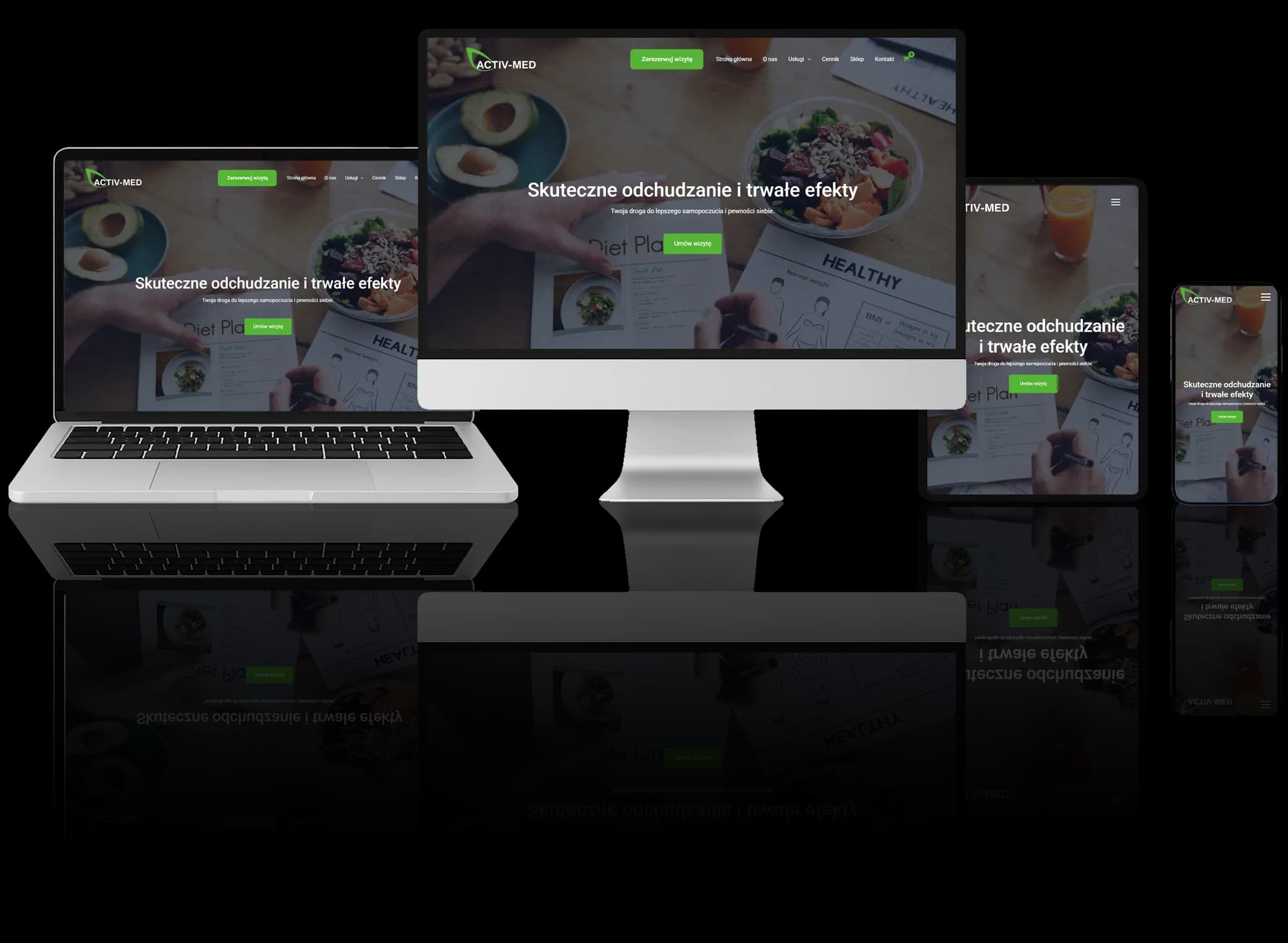 Responsives Webdesign für eine Praxis für Physiotherapie, Ernährungsberatung und Personal Training, dargestellt auf verschiedenen Geräten: Computer, Laptop, Tablet und Smartphone.