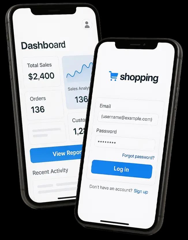 App-Oberfläche für Unternehmen – mobile und Web-Ansicht auf Smartphones